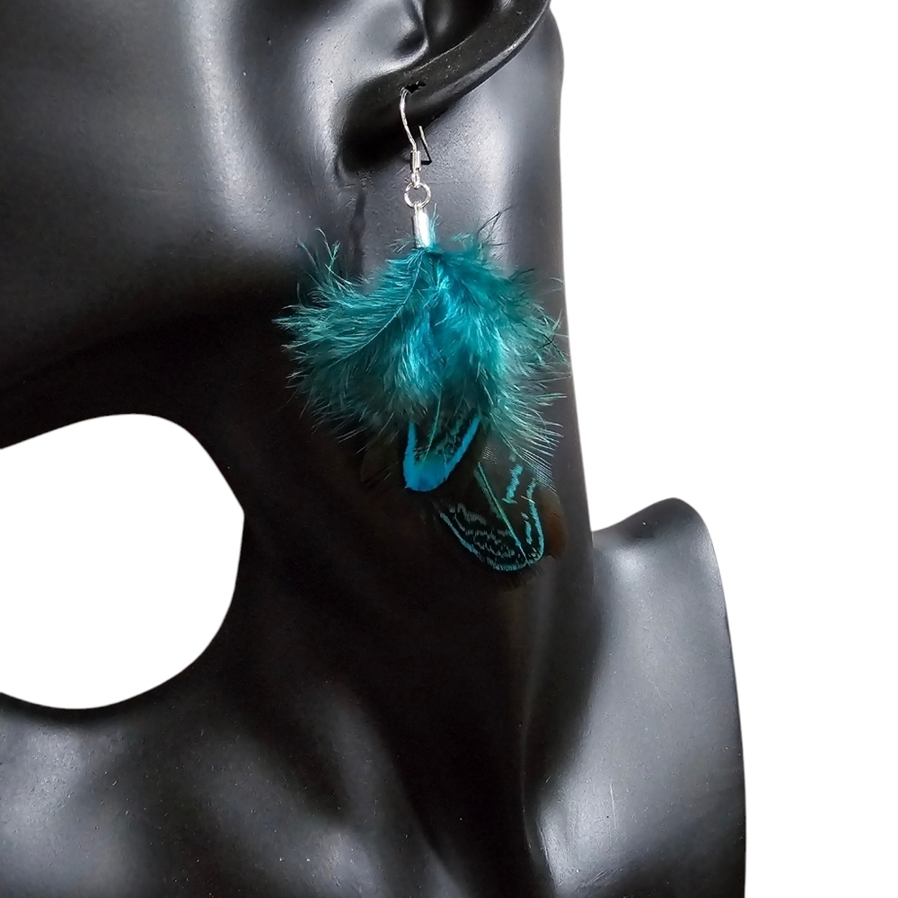 Feather Drop Earrings Teal Color Natural Pheasant Plumage Silver Hook 4 In Drop
